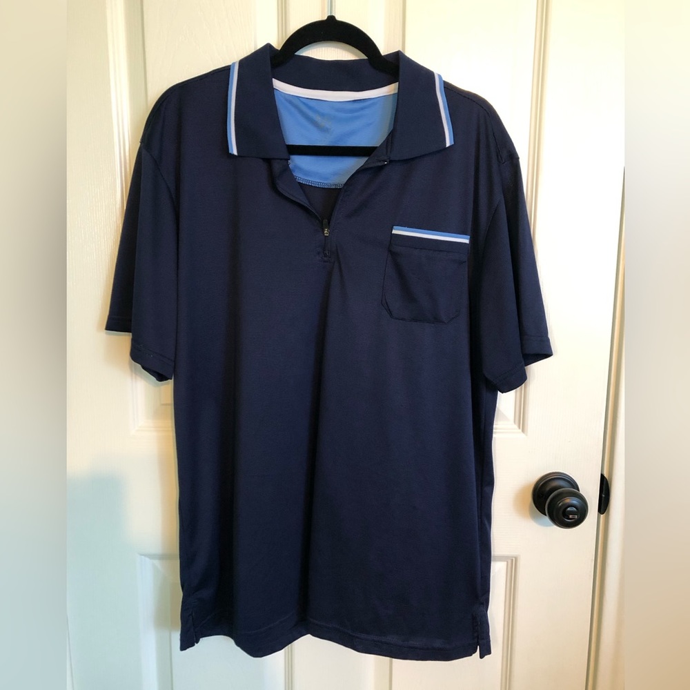 R & R Men’s Blue Stripe Quarter Zipper Polo Shirt Size L Large